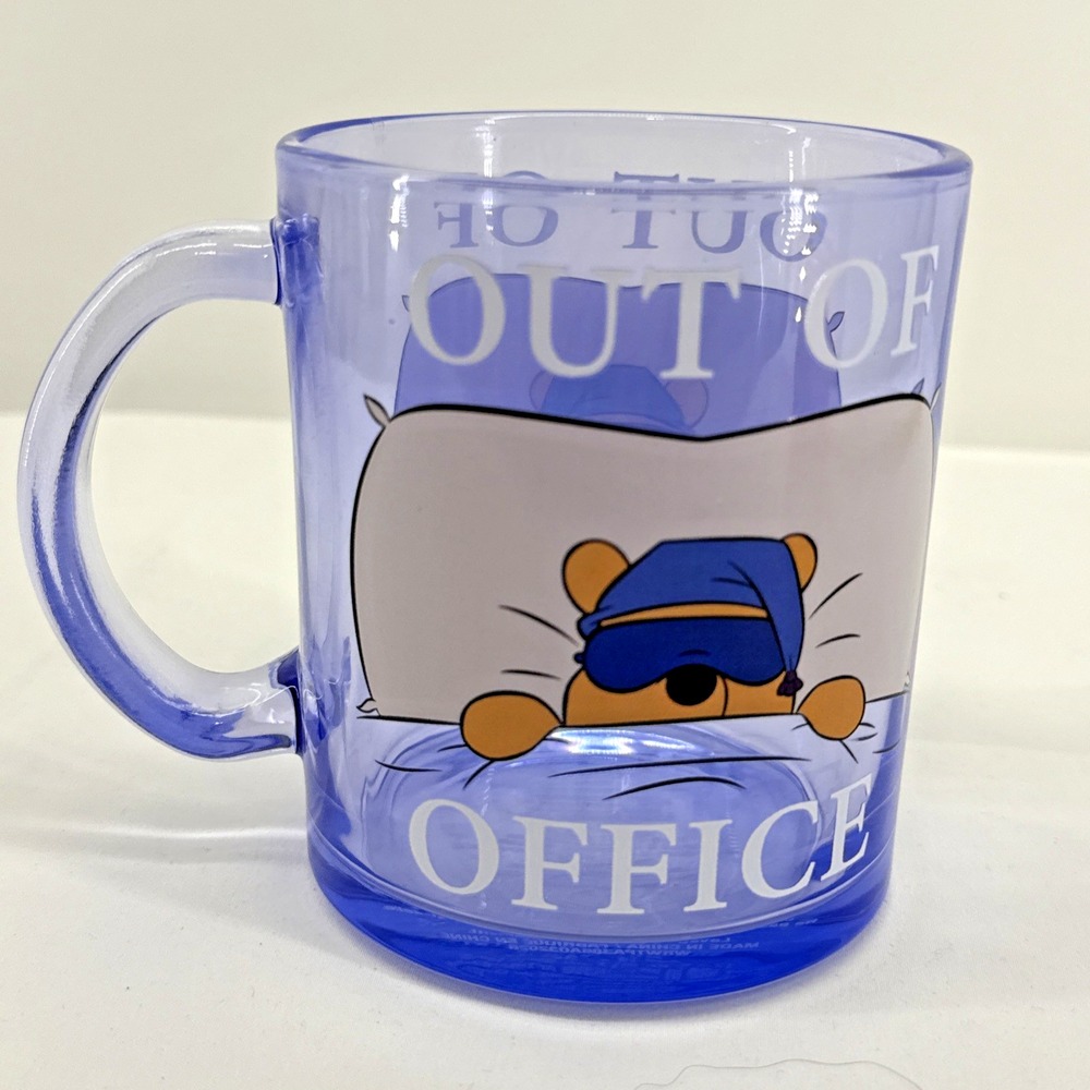 Disney Coffee Mug Winnie the Pooh "Out of Office" Cup 17.5 oz Purple Glass NEW